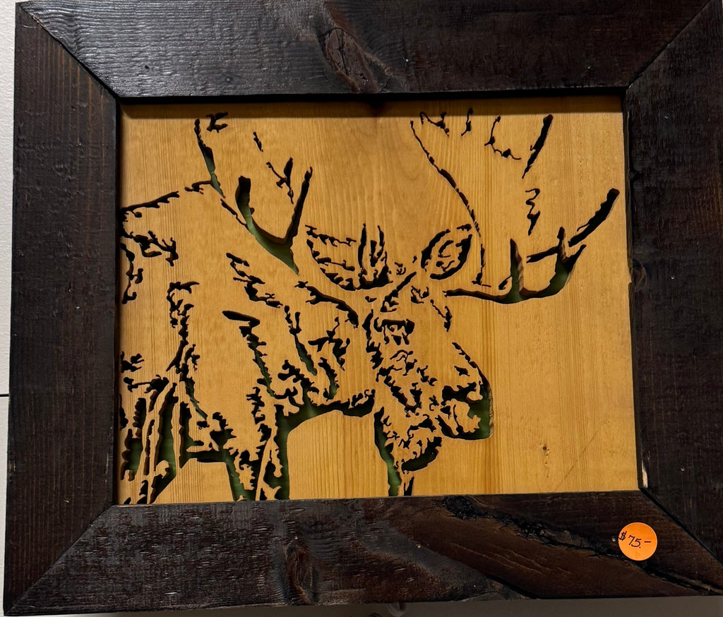 Lighted Shadow Box with scroll saw carving of a Moose done by hand with a rustic wooden frame.