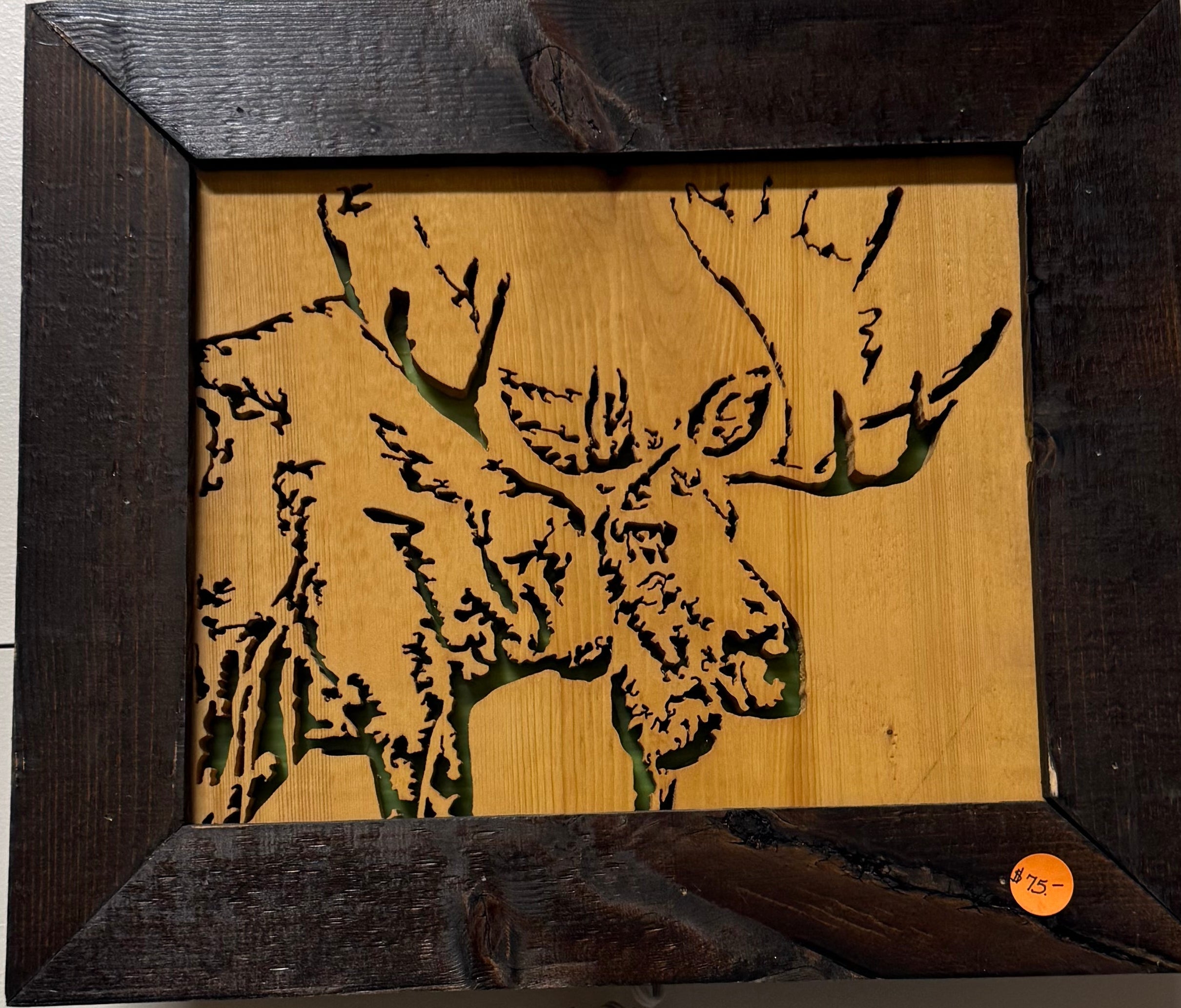 Lighted Shadow Box with scroll saw carving of a Moose done by hand with a rustic wooden frame.
