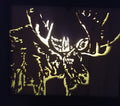 Lighted Shadow Box with scroll saw carving of a Moose done by hand with a rustic wooden frame.