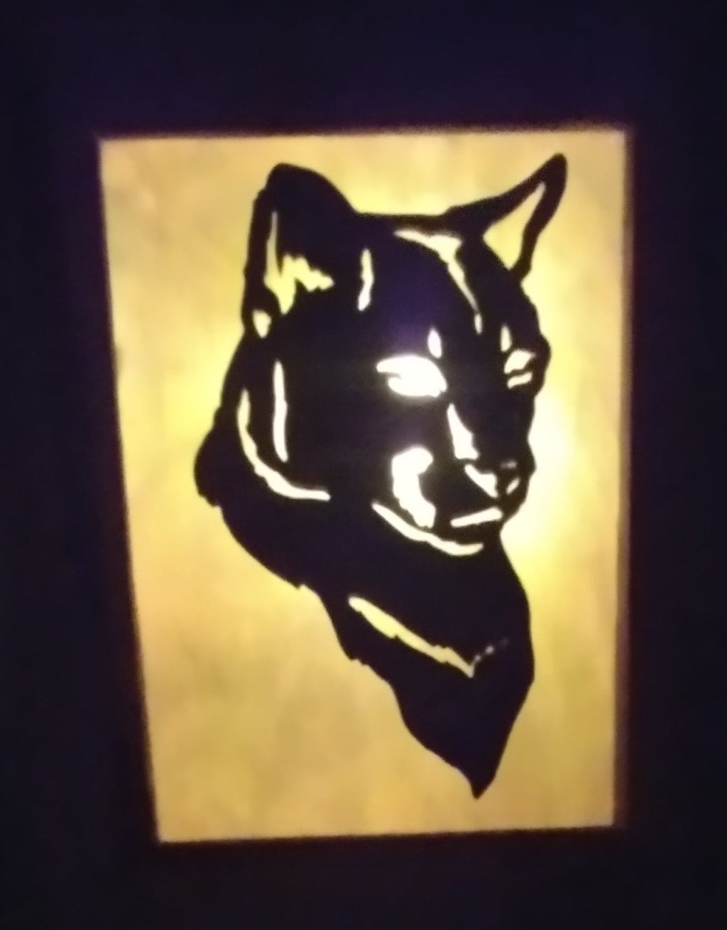 Lighted Shadow Box with scroll saw carving of Mountain Lion done by hand with a rustic wooden frame.