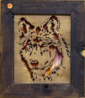 Lighted Shadow Box with scroll saw carving of a Wolf done by hand with a rustic wooden frame.