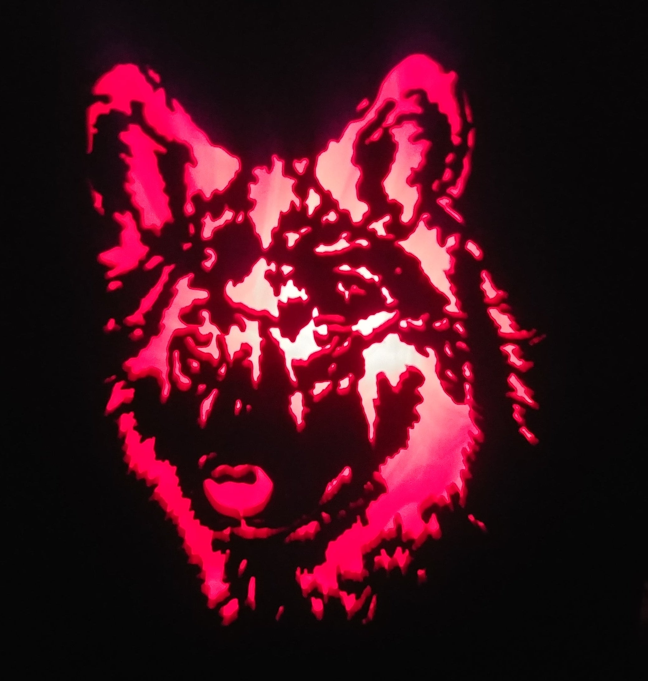 Lighted Shadow Box with scroll saw carving of a Wolf done by hand with a rustic wooden frame.