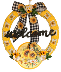 Decorative wreath with sunflowers, checkered bow, and 'welcome' text on a white background